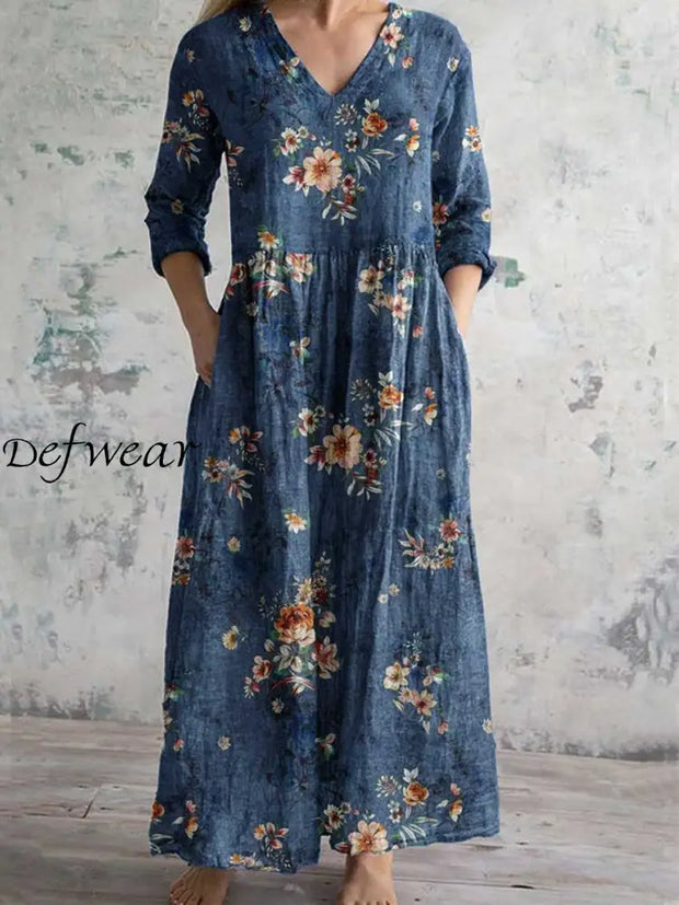 Women’s Vintage Floral Print Chic V-Neck Bohemian Elegant Midi A / S