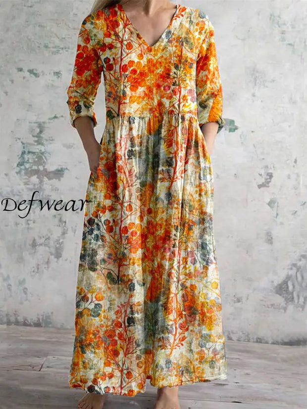 Women’s Vintage Floral Print Chic V-Neck Bohemian Elegant Midi A / S