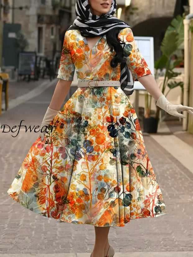 Women’s Vintage Floral Print Pocket Cotton Elegant Midi Dress A / S