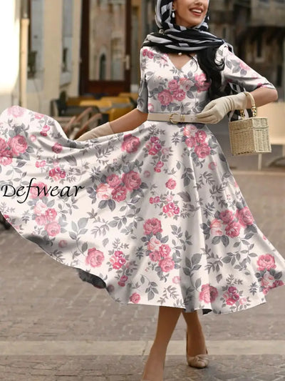 Women’s Vintage Floral Print Pocket Cotton Elegant Midi Dress A / S