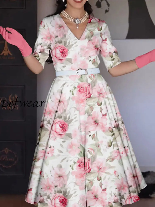 Women’s Vintage Floral Print Pocket Cotton Elegant Midi Dress A / S