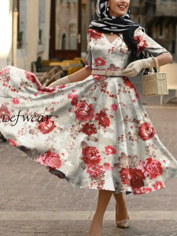 Women’s Vintage Floral Print Pocket Cotton Elegant Midi Dress A / S