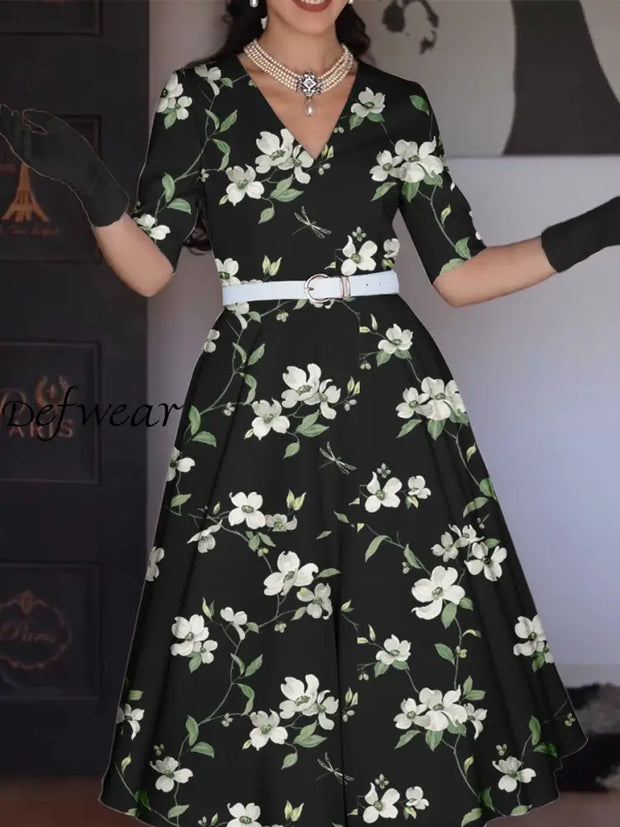 Women’s Vintage Floral Print Pocket Cotton Elegant Midi Dress A / S