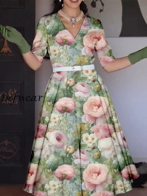 Women’s Vintage Floral Print Pocket Cotton Elegant Midi Dress A / S