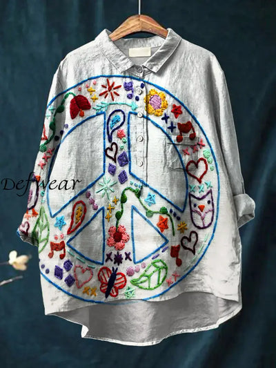 Women’s Vintage Hippie Art Print Casual Cotton Linen Round Neck Button Pocket Mid Sleeve Shirt