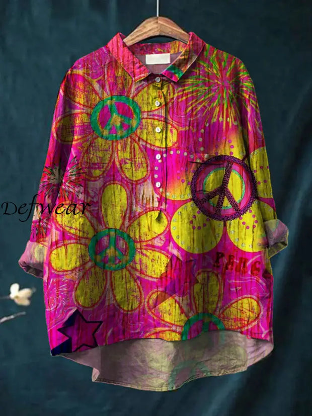 Women’s Vintage Hippie Art Print Casual Cotton Linen Round Neck Button Pocket Midi Sleeve Shirt