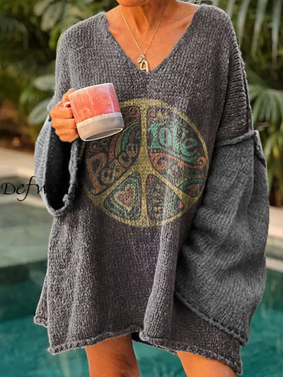 Women’s Vintage Hippie Art Print Chic V Neck Casual Sweater Pullover A / S