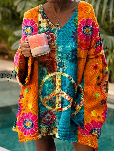 Women’s Vintage Hippie Art Print Chic V Neck Casual Sweater Pullover A / S