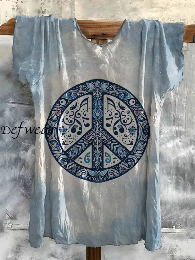 Women’s Vintage Hippie Graphic Art Print Cotton Crew Neck T-Shirt Blue / S