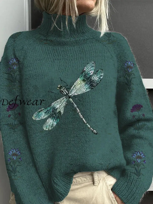 Women’s Vintage Lovely Dragonfly Art Print Knit Turtleneck Pullover Sweater Green / S