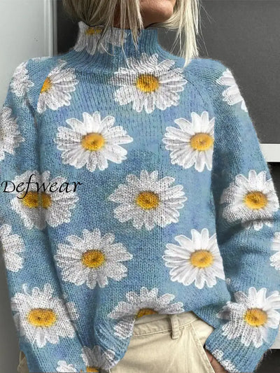 Women’s Vintage Lovely Floral Art Print Knit Turtleneck Pullover Sweater Blue / S