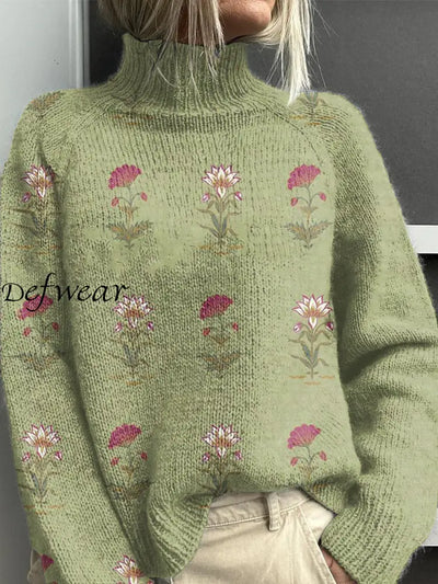 Women’s Vintage Lovely Floral Art Print Knit Turtleneck Pullover Sweater Green / S