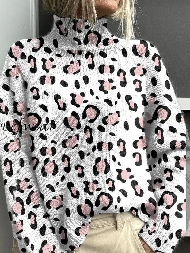 Women’s Vintage Lovely Leopard Art Print Knit Turtleneck Pullover Sweater White / S