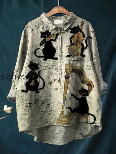 Women’s Vintage Music Art Print Casual Cotton Linen Round Neck Button Pocket Midi Sleeve Shirt