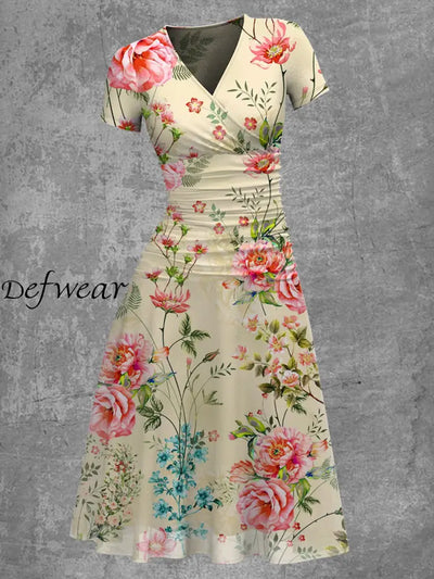 Women’s Vintage V-Neck Floral Art Print Casual Short Sleeve Elegant Chiffon Midi Dress A / S