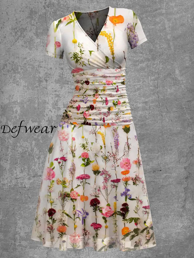 Women’s Vintage V-Neck Floral Art Print Casual Short Sleeve Elegant Chiffon Midi Dress A / S