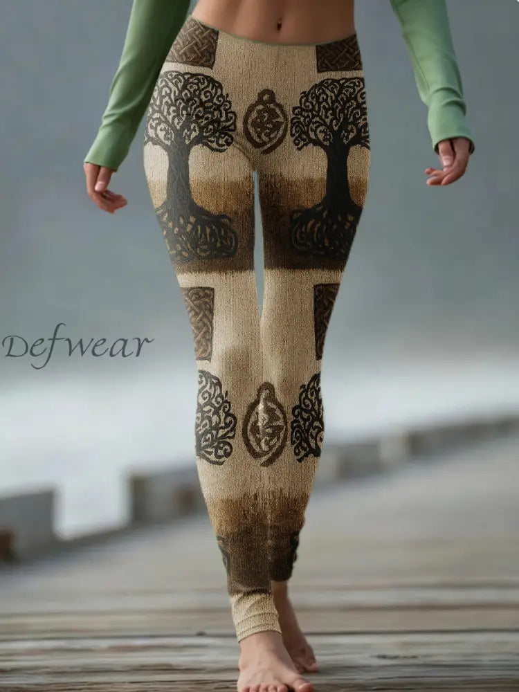 Women’s Vintage Viking Tree Of Life Celtic Knit Comfy Leggings Coffee / S