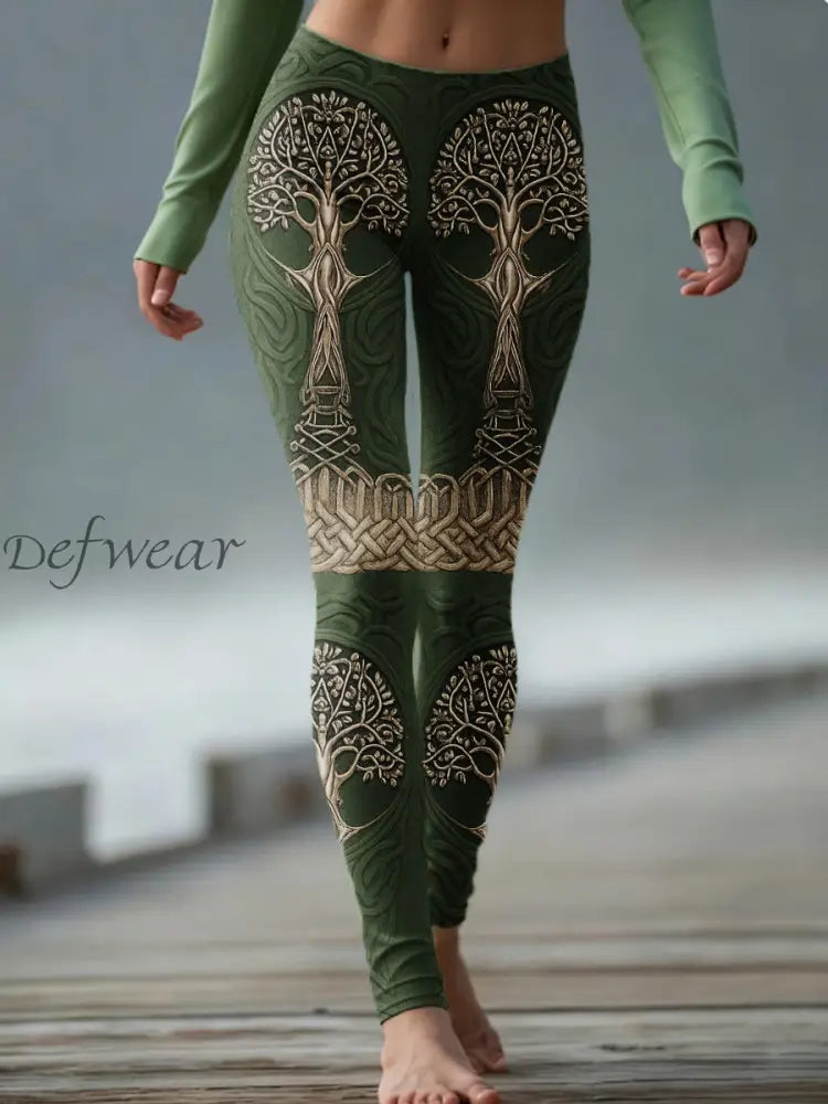 Women’s Vintage Viking Tree Of Life Celtic Knit Comfy Leggings Green / S