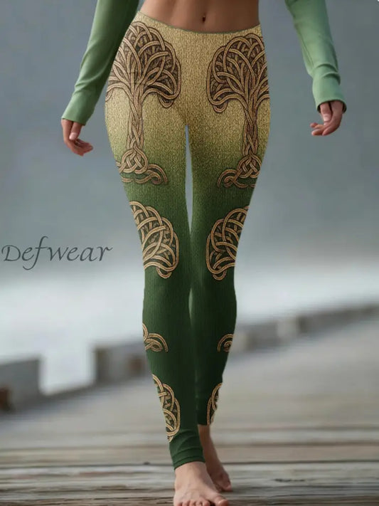 Women’s Vintage Viking Tree Of Life Celtic Knit Comfy Leggings Green / S