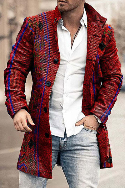 Moda męska Geometryczny abstrakcyjny frędzel z nadrukiem jednorzędowy wełniany płaszcz